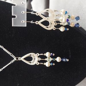 Elegant Silver Tone and Blue Teardrop Necklace and Earring Set chandelier